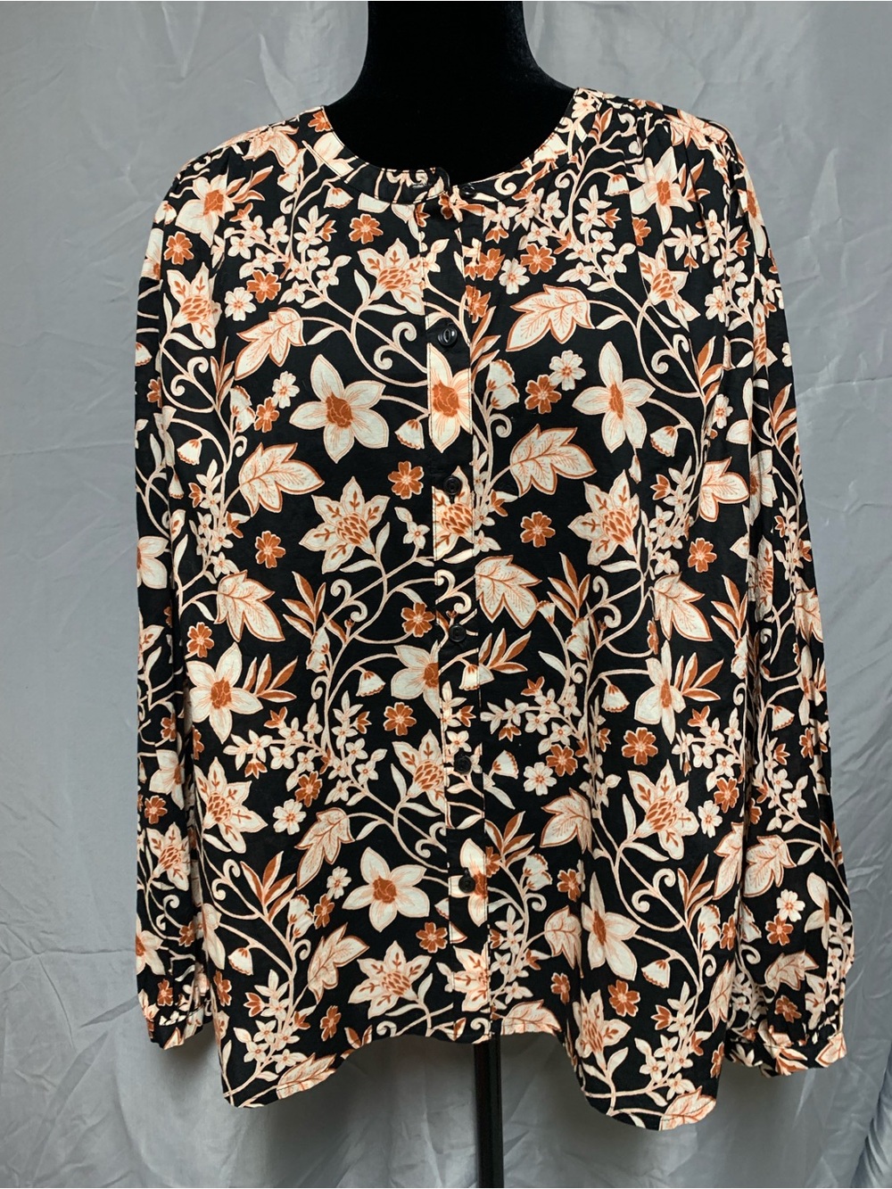 a.n.a Black Floral Button-Front Blouse with Cream & Tan Flowers